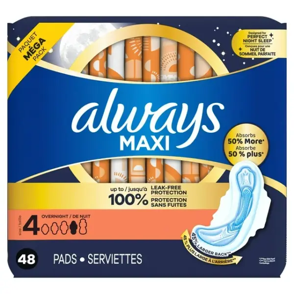 Always Maxi Overnight Pads with Wings for Women, Size 4, Overnight Absorbency, Unscented, 16CT