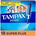 Tampax Pearl Tampons, with LeakGuard Braid, Super Plus Absorbency, Unscented, 18CT