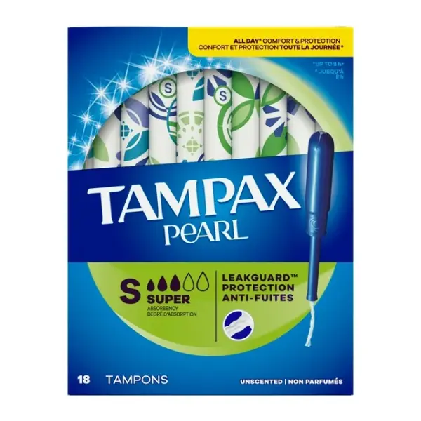 Tampax Pearl Tampons, with LeakGuard Braid, Super Absorbency, Unscented, 18CT