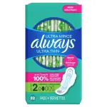 Always Ultra Thin Feminine Pads with Wings for Women, Size 2, Long Super Absorbency, Unscented, 32CT