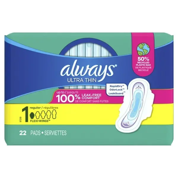 Always Ultra Thin Feminine Pads with Wings for Women, Size 1, Regular Absorbency, Unscented, 22CT
