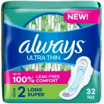 Always Ultra Thin Feminine Pads with Wings for Women, Size 2, Long Super Absorbency, Unscented, 32CT