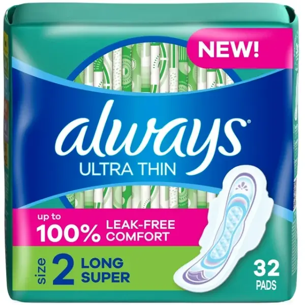 Always Ultra Thin Feminine Pads with Wings for Women, Size 2, Long Super Absorbency, Unscented, 32CT