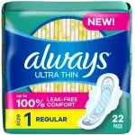 Always Ultra Thin Feminine Pads with Wings for Women, Size 1, Regular Absorbency, Unscented, 22CT
