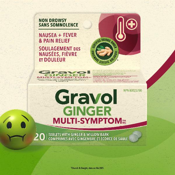 Gravol Ginger Multi-Symptom Cold and Fever Tablets with Willowbark, 20 Tablets