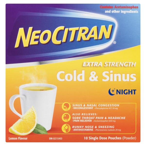 NeoCitran Extra Strength Cold & Sinus Night Lemon, 10 Pouches