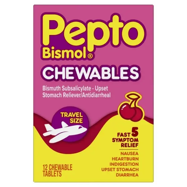 Pepto To Go Chewable Tablets for Nausea, Heartburn, Indigestion, Upset Stomach, and Diarrhea Relief, Cherry Flavor,12 Chewable Tablets