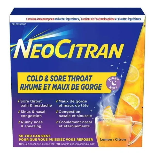 NeoCitran Cold & Sore Throat Night Lemon, 10 pouches (powder)